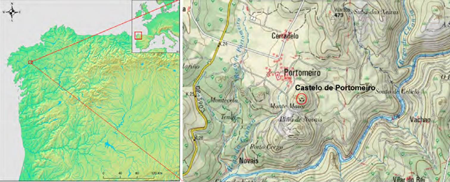 A la izquierda, localización del yacimiento de Castelo de Portomeiro en el noroeste peninsular (elaboración propia con base cartográfica DEMIS World Map) y detalle, a la derecha, de su ubicación en el mapa topográfico 1:25000 del Instituto Geográfico Nacional.