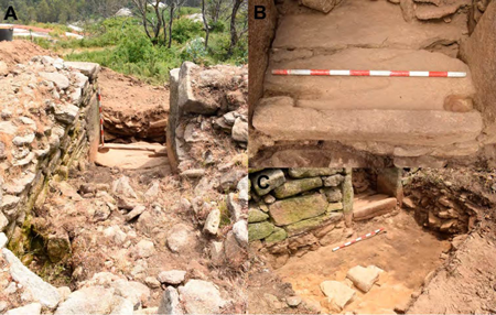 Diferentes vistas del sector 2100. 8A: Vista desde el suroeste de la zona exterior de la puerta. 8B: Vista cenital de los rebajes en la solera de la puerta. 8C: Vista frontal de la puerta, al acabar la excavación en el año 2020 (fotografía de los autores).