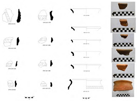 Dibujo y fotografía de algunas ollas de cronología altomedieval de Portomeiro (Carneiro Alonso 2021b, p. 27, y Carneiro Alonso 2021b, p. 31).
