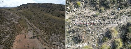 Talud de mampostería (A) y tramo empedrado (B) en la Umbría de Peñas Negras (fotografías A. López García).