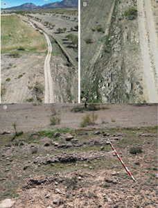 Vereda de Hernán Valle. Talud (A) y restos de roderas (B y C) (fotografías A. López García).