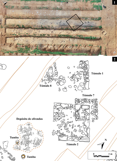 1: ortofoto de la necrópolis durante la excavación del depósito en el año 2021 (fotografía Baraka Arqueólogos S. L.); 2: planimetría del depósito de ofrendas y su relación con otras tumbas cercanas (elaboración M. A. Rodríguez Rabadán).