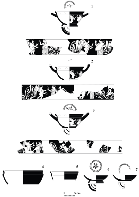 Copas-escifo del tipo heavy wall. 1-3: de figuras rojas; 4-5: de barniz negro (elaboración P. Miguel-Naranjo y M. A. Rodríguez Rabadán).