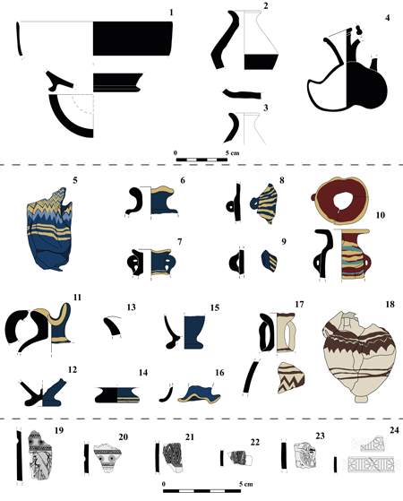 1: bolsal; 2-3: ungüentarios cerámicos; 4: ascos-guttus, ungüentarios de pasta vítrea; 5-10: alabastra; 11-16: enócoes; 17-18: anforiscos, placas de hueso decoradas; 19-23: placas de hueso con decoración incisa; 24: placas de hueso con decoración en bajorrelieve (elaboración P. Miguel-Naranjo y M. A. Rodríguez Rabadán).