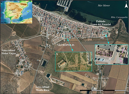 Localización y distribución espacial del núcleo ibérico de Los Nietos (Instituto Geográfico Nacional - PNOA). Imágenes de detalle del (A) área de intervención de la necrópolis durante las campañas de 1988-1990 (IGN - Vuelos de Costas, 1990) y (B) estructuras exhumadas correspondientes al área urbana, muralla y zona de transformación del mineral del poblado (fuente: Adolfo Calvo, Proyecto ARQUEOTOPOS©).