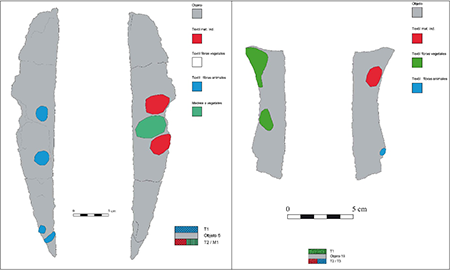 Cartografías de objetos potencialmente envueltos en los que se reconocen fragmentos textiles en ambas caras. Necrópolis de Los Nietos. Izquierda: tumba 27, número 6 falcata; derecha: tumba 27, número 19 cuchillo afalcatado (elaboración propia).