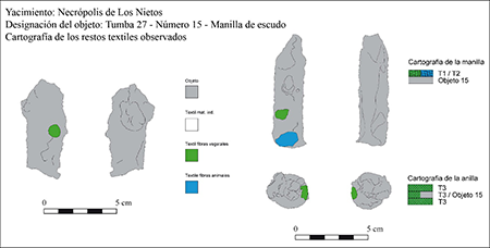 Cartografía de la manilla de escudo con hasta tres tejidos distintos identificados (elaboración propia).