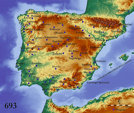 Obispados firmantes del XVI Concilio de Toledo, año 693 (imagen Manuel Castro-Priego y Pilar Diarte-Blasco).