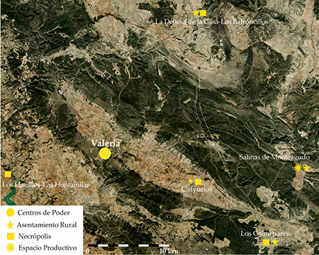 Territorio en torno a Valeria (imagen Pilar Diarte-Blasco y Manuel Castro-Priego a partir de PNOA).
