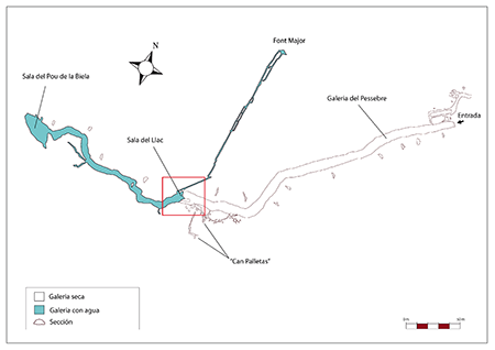 Plano topográfico de la Cova de la Font Major, con indicación de la ubicación de la Sala del Llac (elaboración propia).