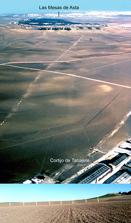 Vista aérea oblicua donde se ven las huellas de la vía Augusta que se dirige hacia el NNE hasta llegar a Hasta Regia, en las Mesas de Asta, visible arriba, a unos 3 km de distancia (fotografía L. Ménanteau, 25-11-1978) y abajo foto actual de la huella en el terreno (Trapero, 2019).