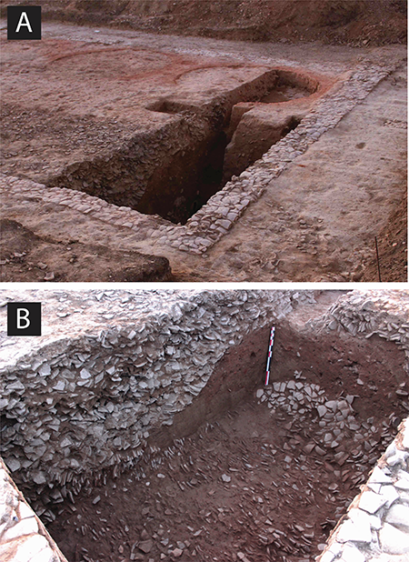 Dos vistas Noroeste de la trinchera del horno n.º 8: (A) de lejos, y (B) de cerca. (fotografía I. González Tobar. LabEx Archimède ©).