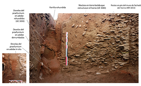 Vista del praefurnium y de la fachada del horno n.º 8 en curso de excavación. A la izquierda, detalle de lateral del praefurnium en un estado de excavación posterior, donde se observan los adobes de las jambas del interior del praefurnium (fotografía I. González Tobar. LabEx Archimède ©).