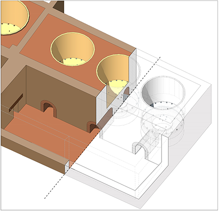 Perspectiva isométrica de la fosa de acceso y los hornos n.º 6, 7 y 8 de El Mohíno. Restitución 3D a partir del plano y la sección de la Fig. 3. (I. González Tobar y J. Lucena González. LabEx Archimède ©).