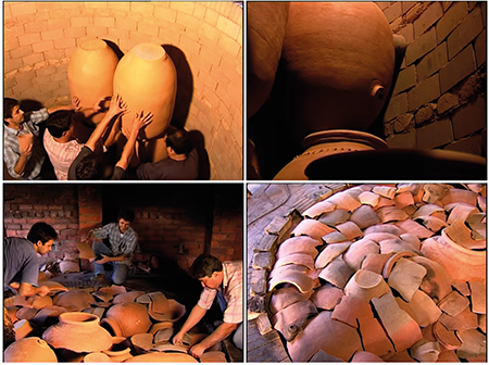 Carga, calzado, montaje de la cubrición y cubrición finalizada del horno del alfar tinajero de Torrejoncillo (Romero y Cabasa, 1999; fotogramas extraídos de Monesma, 1999).