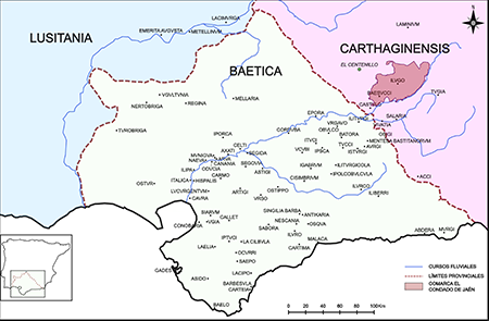 Mapa de localización de la comarca de El Condado de Jaén en la distribución jurídico-administrativa romana del actual territorio andaluz (elaboración propia).