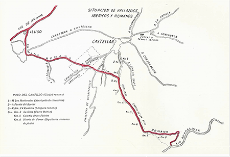 Mapa de las vías y situación de hallazgos ibéricos y romanos de Castellar en 1967. Nota. Adaptado de Situación de hallazgos ibéricos y romanos, de Juan de Dios González Carral, 1967, p. 71, Castellar del Condado de Santisteban. Datos geográficos e históricos.
